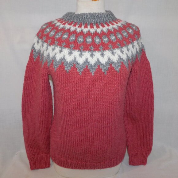 Hand Knit Womens M Gray White Pink Fair Isle pullover wool sweater - Picture 1 of 6